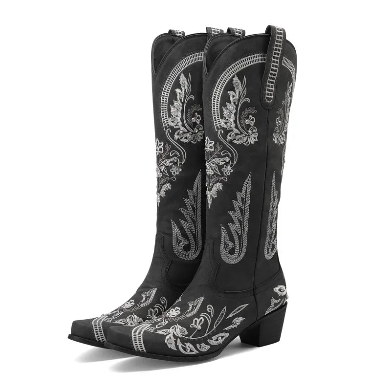 Western Cowboy Knee High Boots for Women Embroidery Flower Rhinestone White Brown Round Toe High Heels Retro Cowgirl Long Boots Good Vibrations
