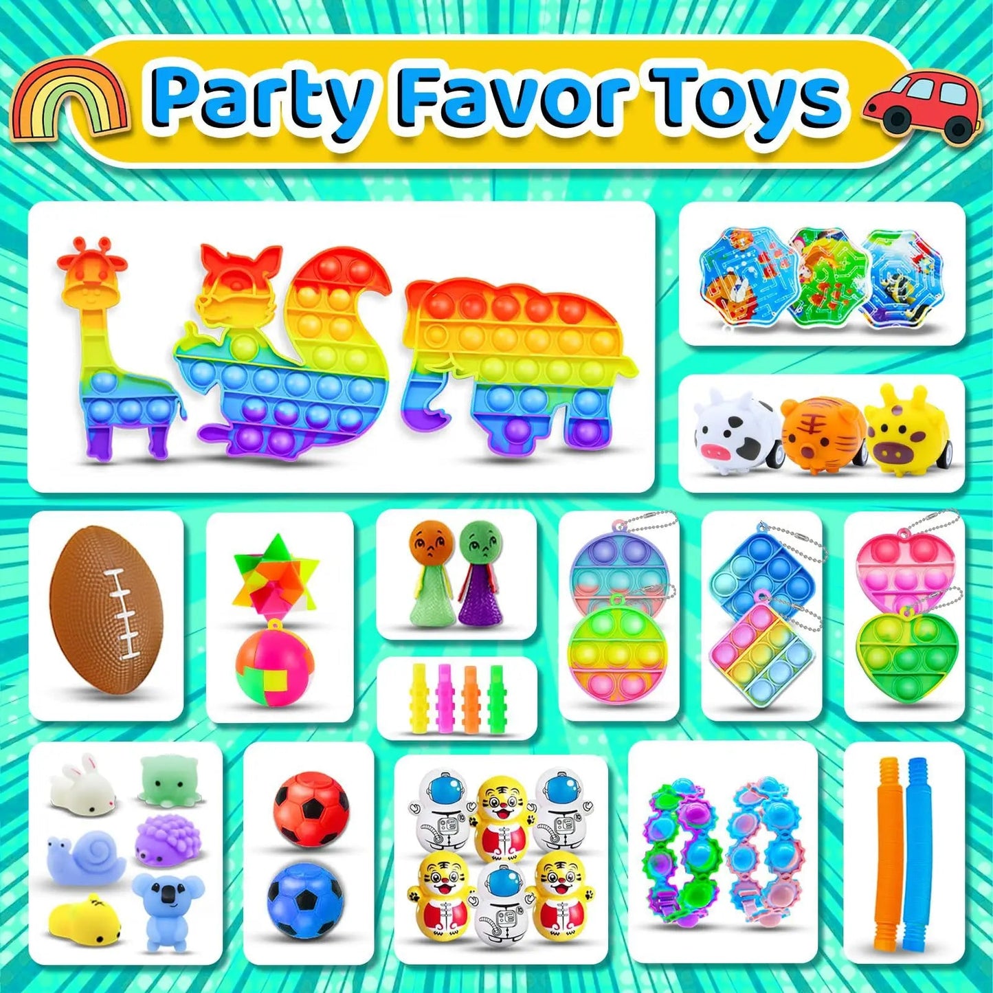 117/124/135pc Kids Birthday Pinata Toys Snap Bracelets Push Bubble Fidget Toys Carnival Prize Pinata Filler Bulk Toys Kids Gifts Good Vibrations