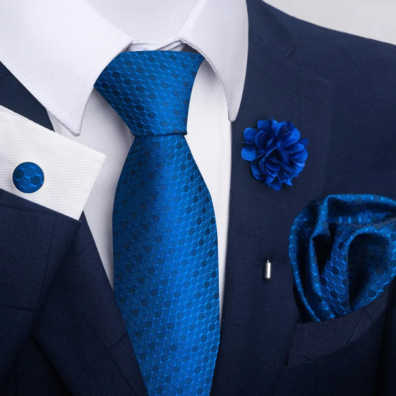 Luxury Mens Ties Floral Black Gold Ties Paisley NeckTie Pocket Square Cufflinks Brooch Set Men's Wedding Party Tie Good Vibrations