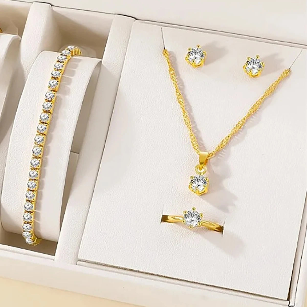 5Pcs Elegant Crystal Jewelry Set Zirconia Ring Necklace Bracelet Earrings Simple Set Jewelry Fashion Versatile Trendy Jewelry Good Vibrations
