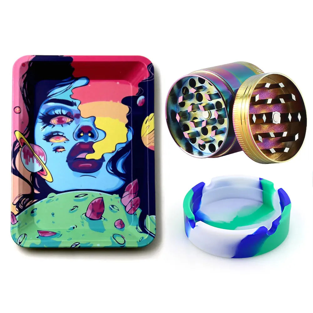 18cmx12.5cm Herb Tobacco Rolling Tray Set Silicone Ashtray Ash Tray 40mm Metal Herbal Grinder Kit Smoking Accessories Good Vibrations Adult Super Store
