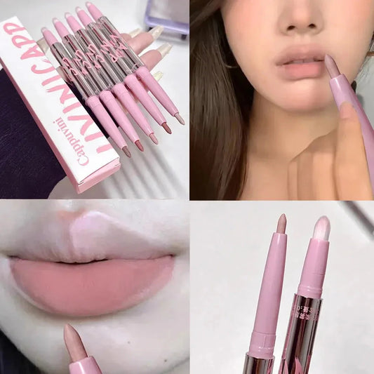 Cappuvini Korean style nude lip liner with brush applying velvet matte lipstick for long-lasting lip makeup
