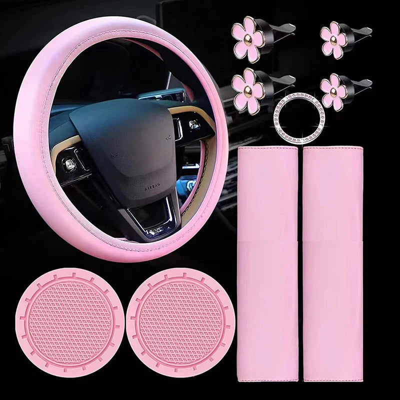 10 Pcs Leather Steering Wheel Cover For Women Cute Car Accessories Set With Seat Belt Shoulder Pads Cup Holders Car Decorations Good Vibrations Adult Super Store