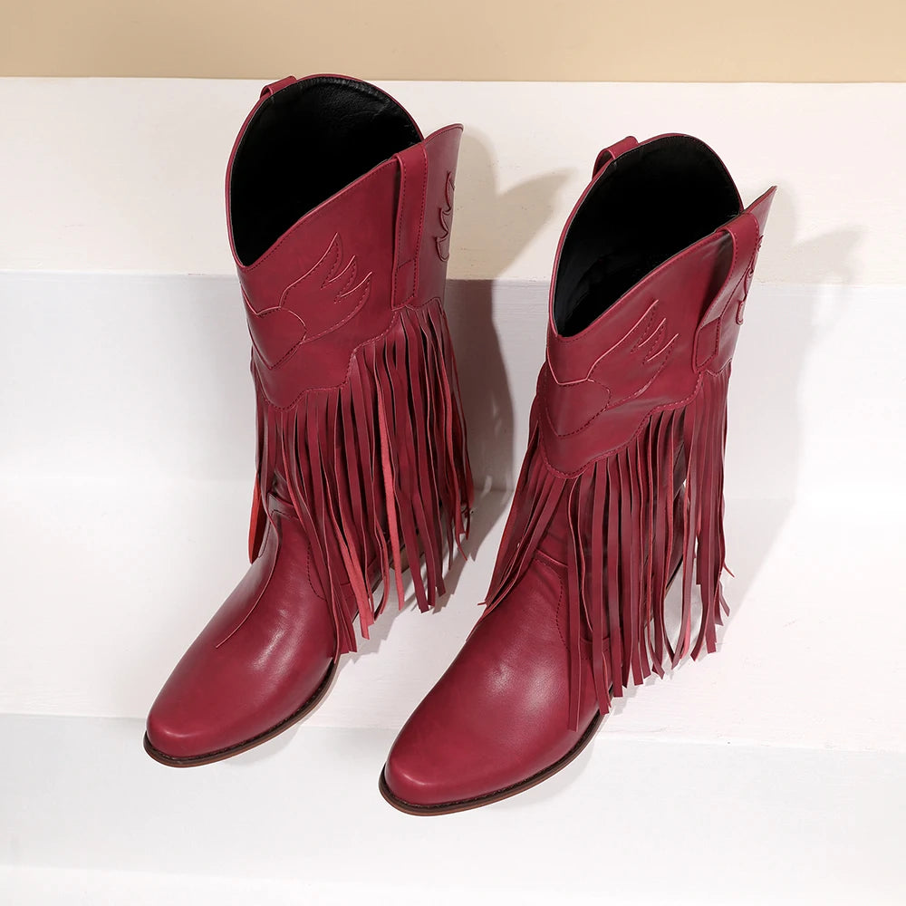 Women Mid-calf Cowboy Boots Retro Leather Tassel High Western Botas Winter Pointed Chunky Heels Booties Fashion Ladies Shoes Good Vibrations