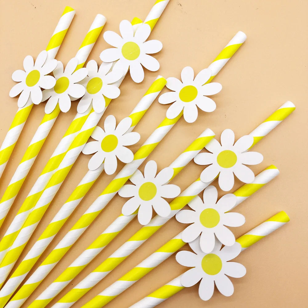 Pink Daisy Theme Disposable Tableware Flower Plate Napkin Straws Banner Birthday Party Baby Shower Wedding Decorations Supplies Good Vibrations