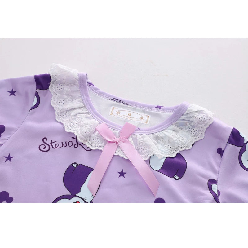 New Baby Girl Kuromi Nightgown Summer Children Short SLeeve Cartoon Nightdress Girls Clothing Children's Pajamas Dress 3-12T Good Vibrations