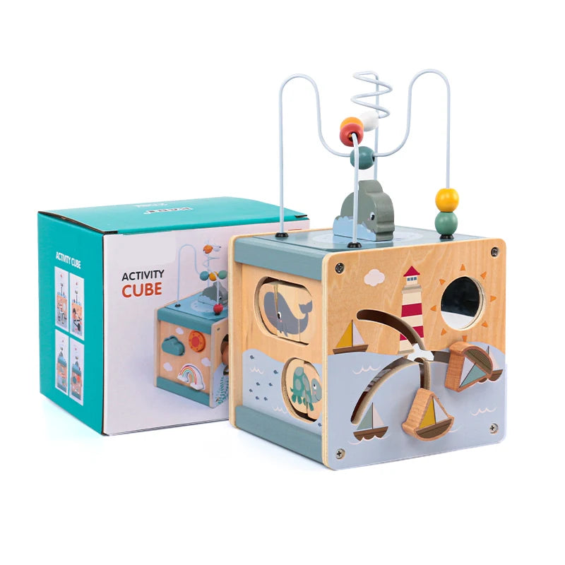 Wooden Activity Cube for Toddlers 5in1 Animal Shape Sorter Bead Maze Montessori Educational Toys Baby 6-12 Months Learning Toys Good Vibrations