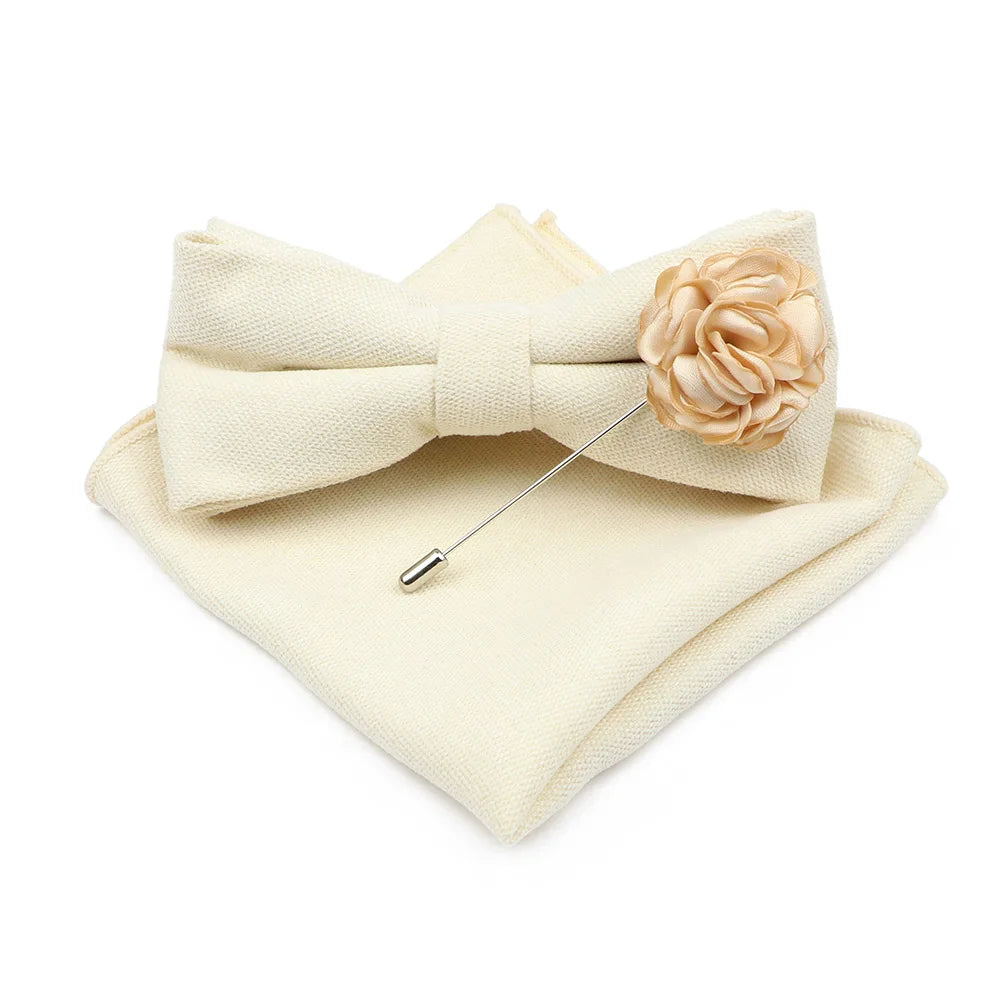 Mens Solid Color Cotton Bowtie Pocket Square Brooch Sets Pink Blue Super Soft Suede Bow Tie Handkerchief For Wedding Party Gift Good Vibrations