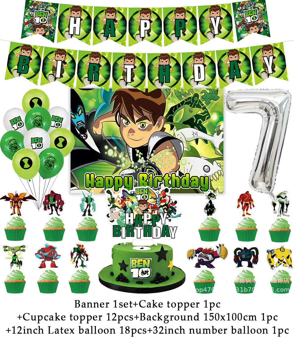 Cartoon Ben-10 Birthday Party Decoration Balloons Favor Set Banner Cake Toppers Baby Shower Boys Gift Party Supplies Photo Prop Good Vibrations