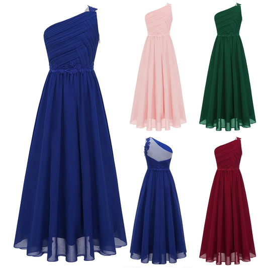 Girls Wedding Bridesmaid Dress One Shoulder Elegant Guipure Lace Ruched Chiffon Maxi Party Dresses Birthday Evening Prom Gown Good Vibrations