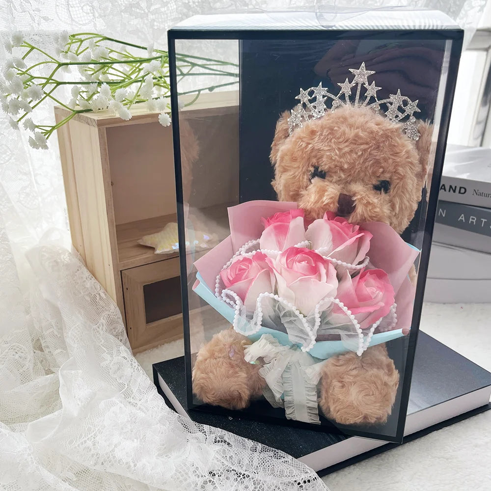 1pcs Plush Bear Rose Flower Bouquet Gift Box Luxury Artificial Soap Flowers Wedding Birthday Christmas New Year Party Decor Prop Good Vibrations