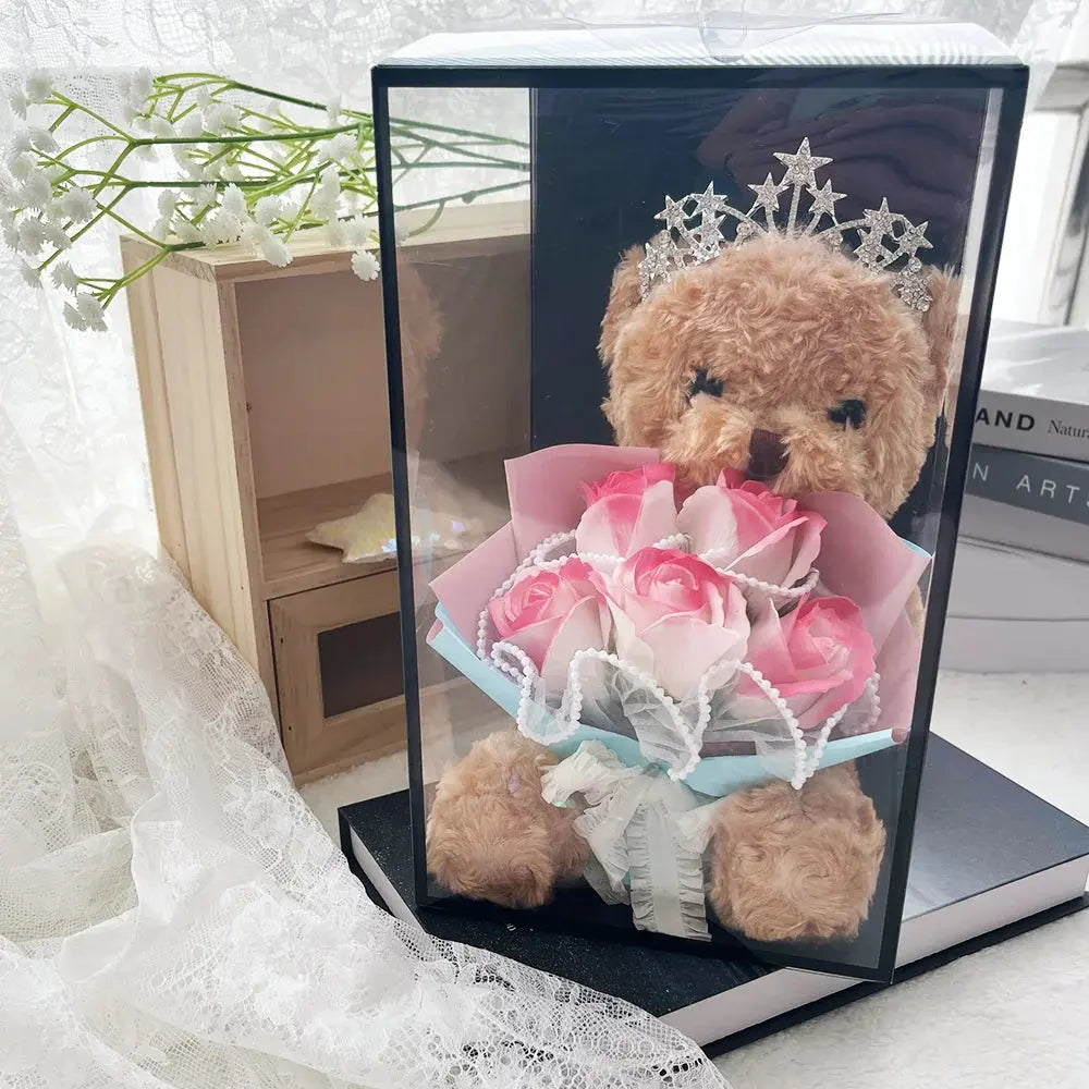 1pcs Plush Bear Rose Flower Bouquet Gift Box Luxury Artificial Soap Flowers Wedding Birthday Christmas New Year Party Decor Prop Good Vibrations