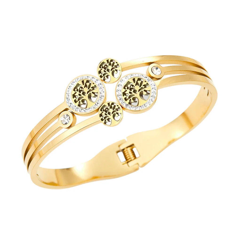 Round stainless steel spring bracelet, gold-plated tree of life bracelet, luxury crystal zircon, women's bracelet, wedding wear Good Vibrations