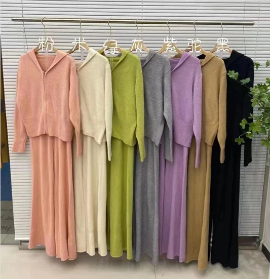 Women Casual Knitted Pants Home Suit Autumn Fashion Zip Up Sweater Hoodie Wide Leg Trousers 2 Piece Set Tracksuit Winter Outfits Good Vibrations