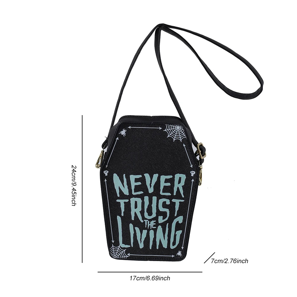 Gothic Shoulder Bag Women PU Leather Coffin Shape Handbag Adjustable Strap Hobo Bag Phone Bag for Halloween Cosplay Good Vibrations
