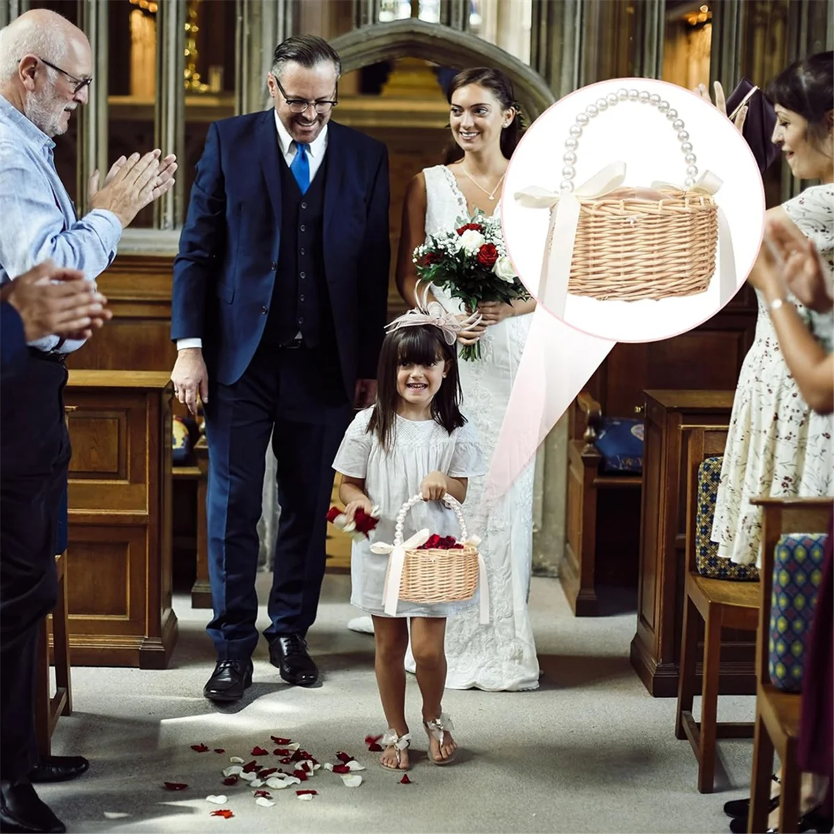 Wicker Flower Girl Basket for Weddings, Rattan Flower Basket Handmade Flower Girl Basket with Handle and RibbonT99C Good Vibrations