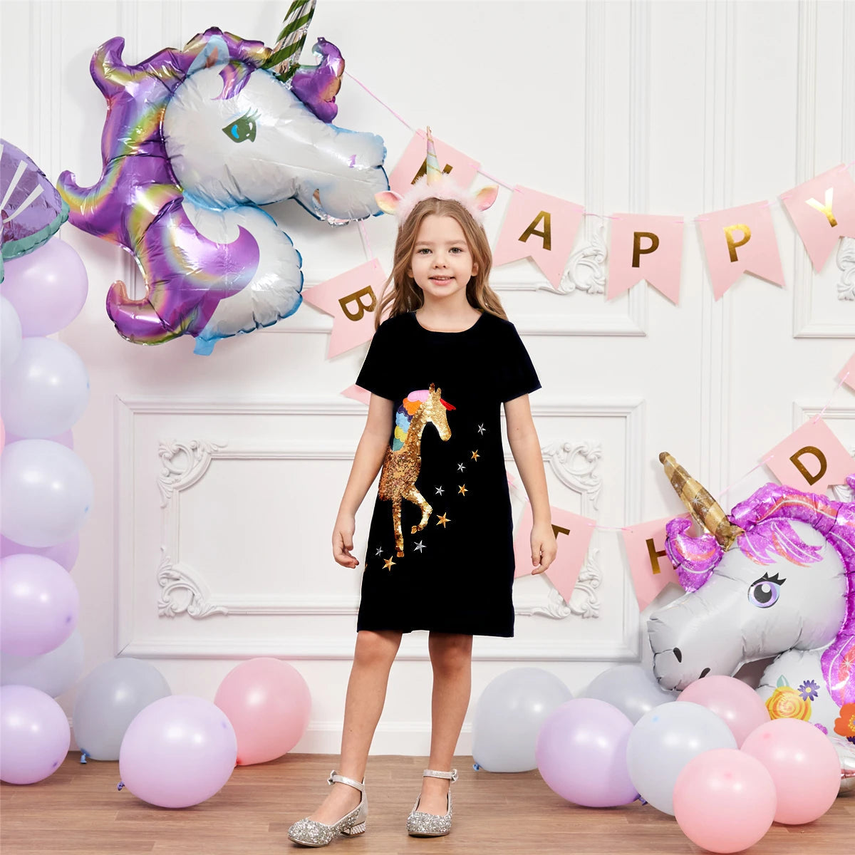 Girls' Summer Dress Children's A-line Cotton Dress Girls' Leisure Children's Unicorn Clothing SH5810 Good Vibrations