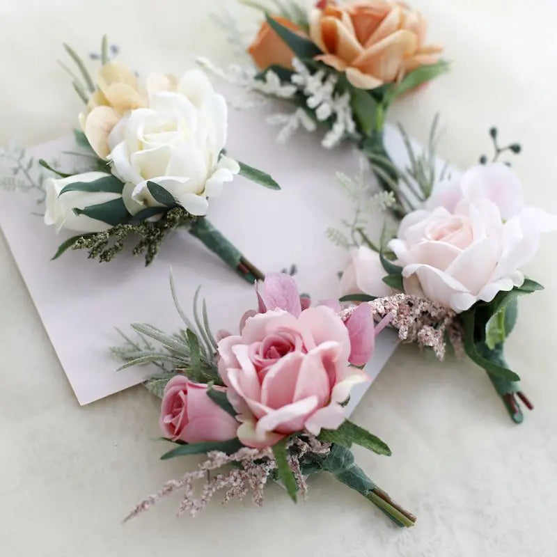 Boutonnieres Flowers Artificial White Roses Silk Ivory Corsage Buttonhole Groomsmen Boutonniere for Men Wedding Accessories Good Vibrations