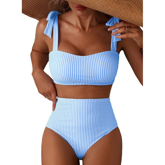 Women's 2026 Two Piece Bikini Set Striped High Waist Tie Shoulder Swimsuit Summer Beachwear Good Vibrations