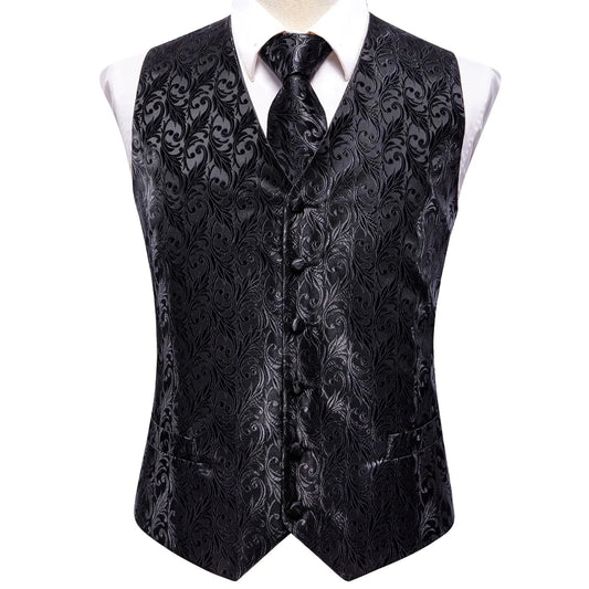 Hi-Tie Black Men Silk Vest Paisley Jacquard Necktie Hankerchief Cufflinks Sets Male Sleeveless V-Neck Waistcoat Business Formal Good Vibrations