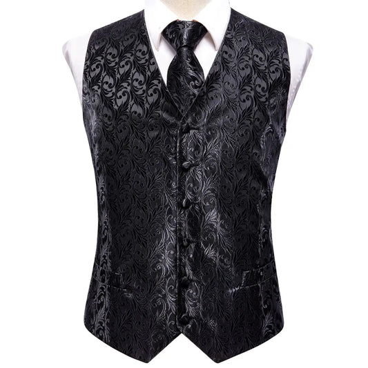 Hi-Tie Black Men Silk Vest Paisley Jacquard Necktie Hankerchief Cufflinks Sets Male Sleeveless V-Neck Waistcoat Business Formal Good Vibrations