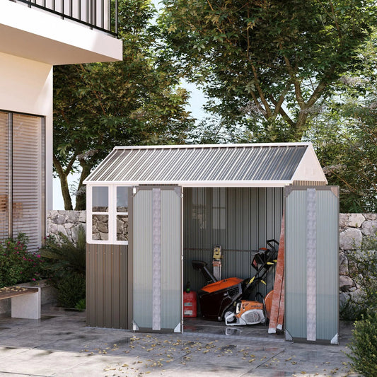 8' x 6' Metal Garden Storage Shed, Outdoor Tool Storage House with Double Lockable Door, Window and Air Vents, Gray Good Vibrations