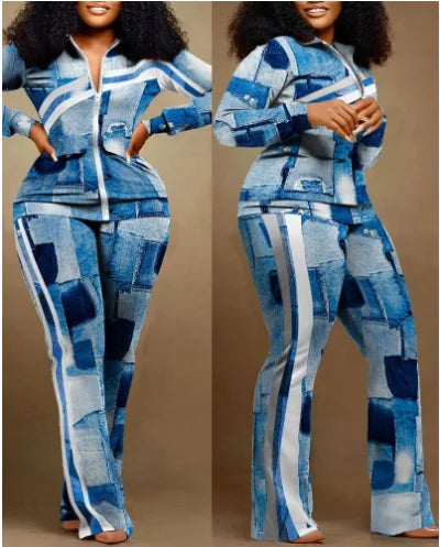 Two Piece Set Women Outfit 2023 Autumn Fashion Geometric Print Stand Collar Long Sleeve Zip Up Top & Casual Sporty Pants Set Good Vibrations