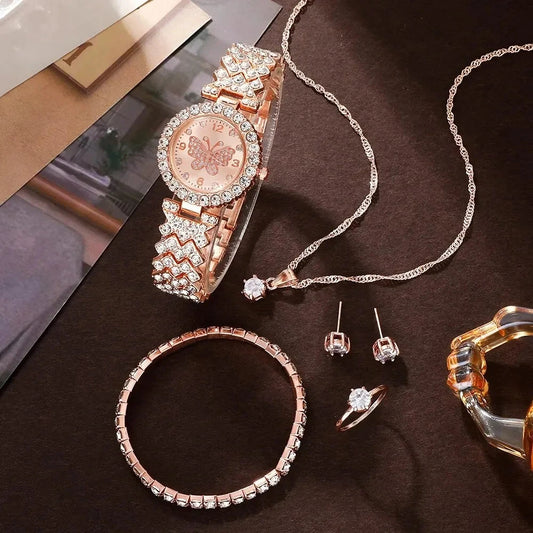 6 Piece Jewelry Set Rose Gold Luxury Watches Women Rings Necklace Earrings Rhinestone Fashion Watches Casual Women Watches Good Vibrations Adult Super Store