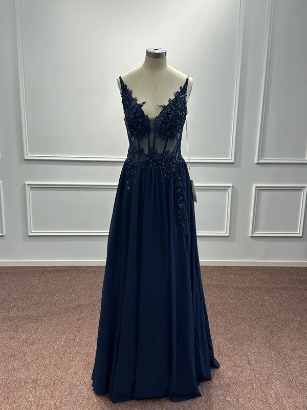 Spaghetti Straps Navy Blue A Line Evening Dresses 2025 Elegant Beaded Appliques Illusion Prom Gowns Formal Party Vestido De Gala Good Vibrations
