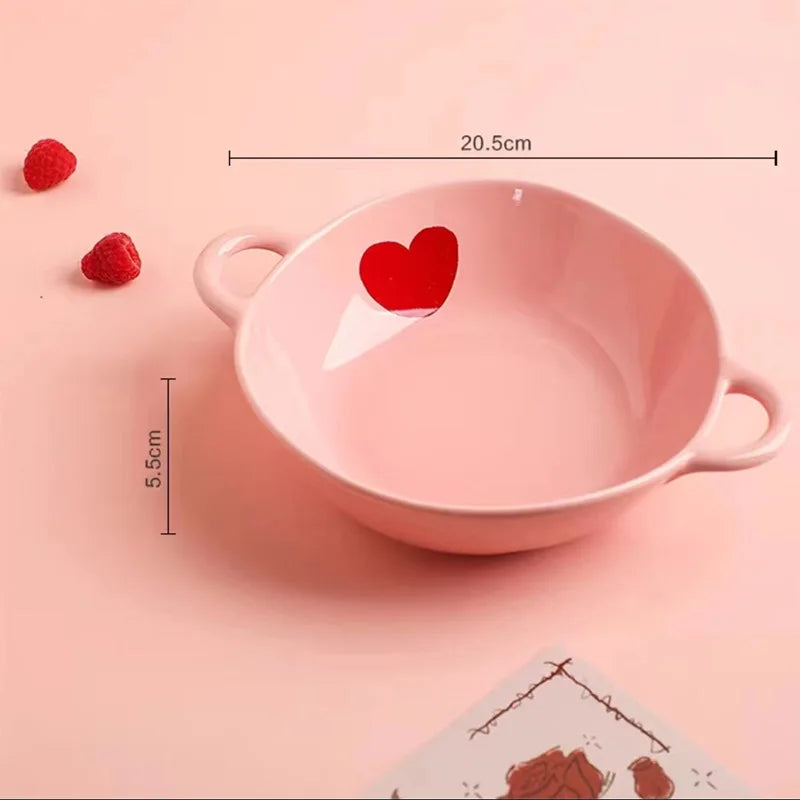 Salad Bowl Pink Heart Pattern Ceramic Plate Coffee Cup Children Dessert Bowl Household Cute Dinner Plates Restaurant Tableware Good Vibrations