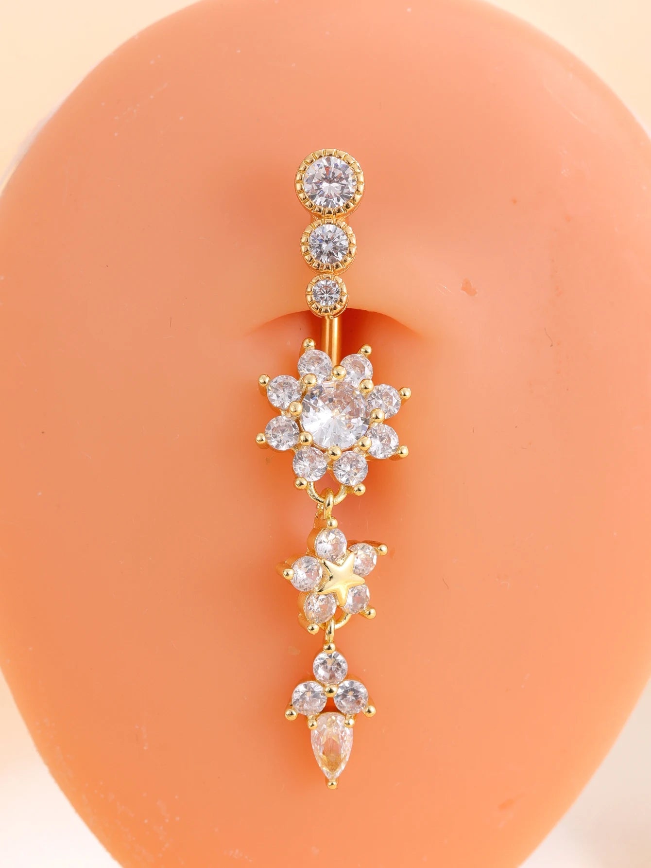 Gold Color Stainless Steel Belly Button Ring Long Dangled Flower CZ Crystal Navel Belly Piercing Rings for Women Sexy Jewelry Good Vibrations Adult Super Store