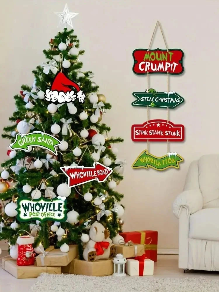 8 Pack Christmas Whoville Tree Decorations,Xmas Large Christmas Crafts Tree Hanging Ornaments Signs for Christmas Welcome to Hom Good Vibrations