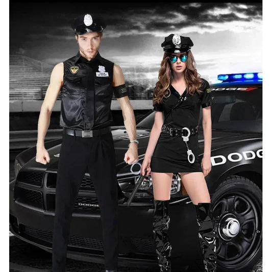 Couples Adult Police Officer Policeman Costumes Cosplay for Men Women Halloween Masquerade New Year Fantasia Dress Good Vibrations