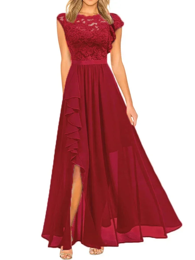 Harajuku Vintage Elegant Long Maxi Dress 2025 New Fashion High Waist Round Neck Party Wedding Dresses Spliced Lace Chiffon Dress Good Vibrations
