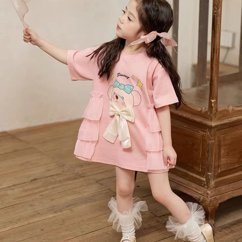 Girls Short Sleeved Dress Summer Girl long T-shirt Skirt 3-10 Years Old Fashionable Cartoon Children Clothing Good Vibrations