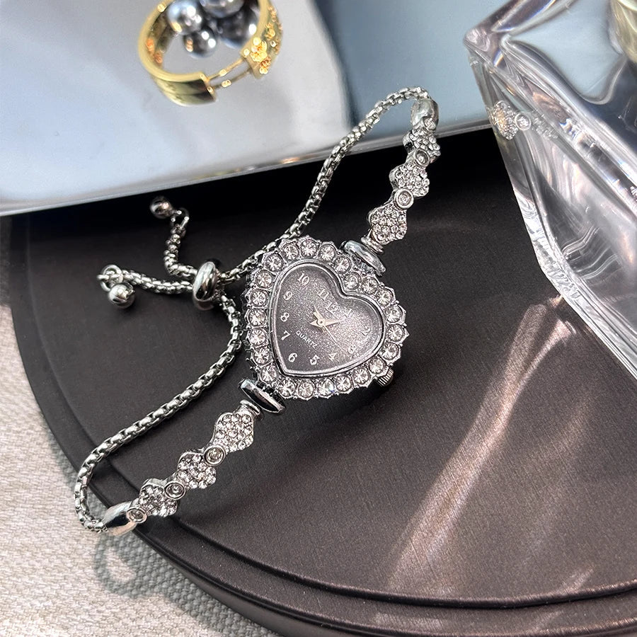 New Fashion Heart-shaped Ribbon-Strap Diamond-Studded Flower Watch for Women with Adjustable Bracelet Good Vibrations