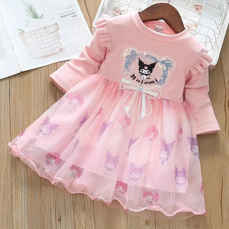 Fashion Girls Dress Spring Autumn Mesh Cartoon Kuromi Long Sleeve Princess Dresses for 2-6 Years Kids Birthday Party Costume Good Vibrations