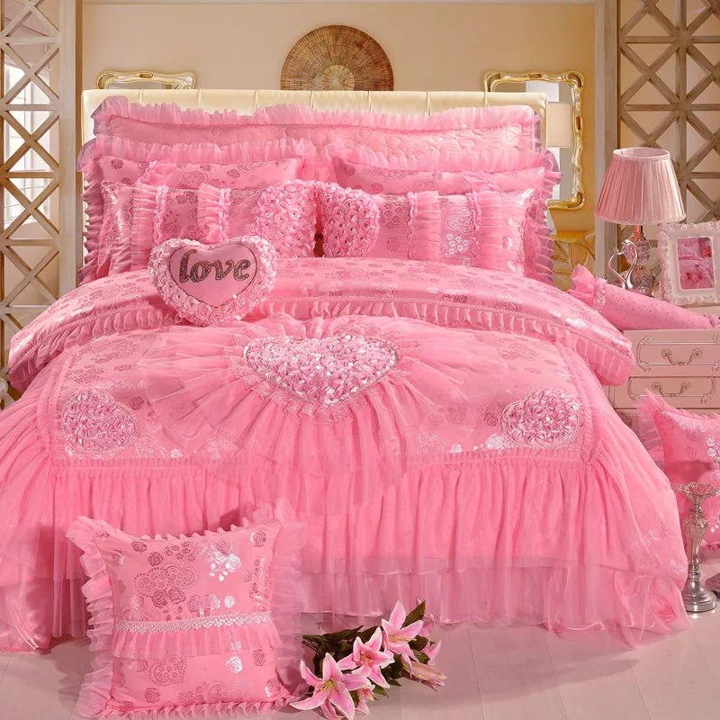 Luxury Wedding Bedding Sets Queen King Size Pink Princess Lace Bedcover Set Jacquard Duvet Cover Bed Sheet Pillowcases Good Vibrations
