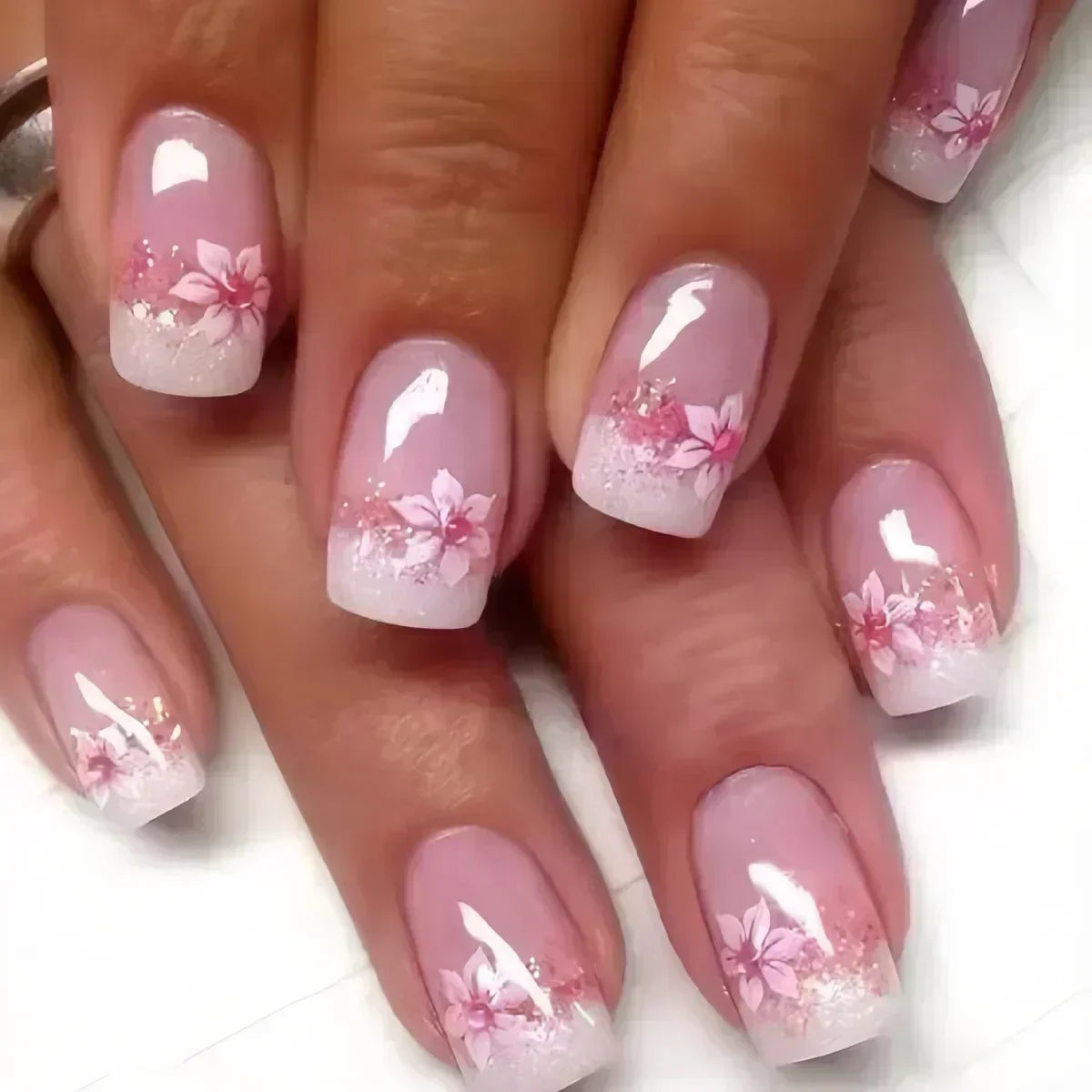 24Pcs Short Square Coffin False Nails Square Fake Nails with Glue French Glitter Wearable Acrylic Nails Set Press on Nail Tips Good Vibrations