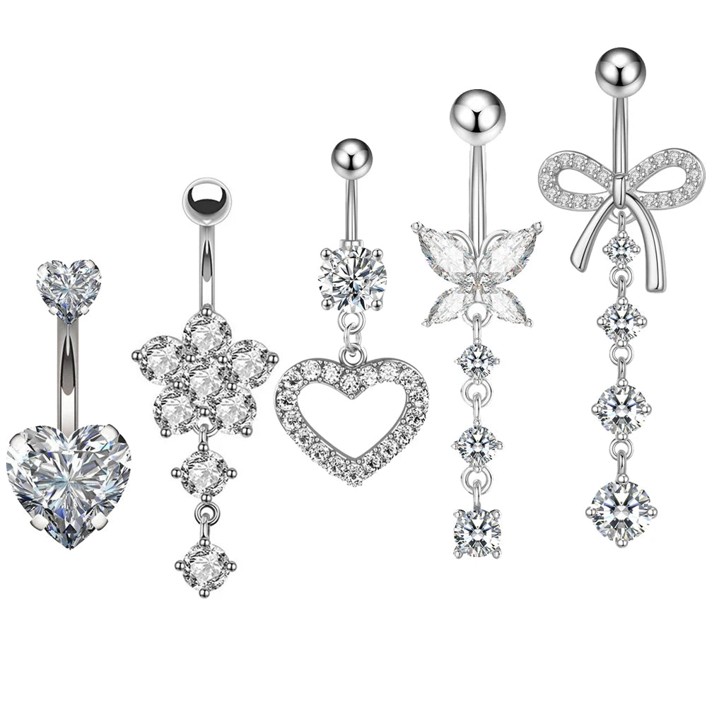 3-5pcs/Lot Belly Button Ring Sets Heart Butterfly Flower Dangled Belly Piercing Nombril 14G Curved Navel Rings Jewelry for Women Good Vibrations Adult Super Store