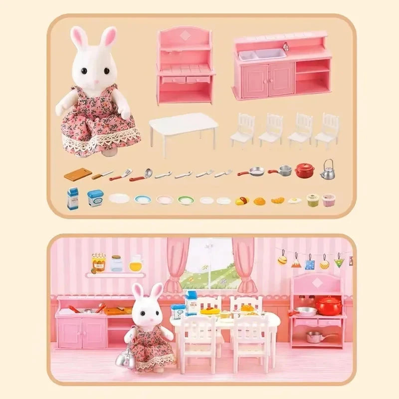 New Forest Family Microfilm Furniture Bathroon Kitchens Dining Bed Wardrobe Model Play House 1/12 Doll house Toys Birthday Gifts Good Vibrations