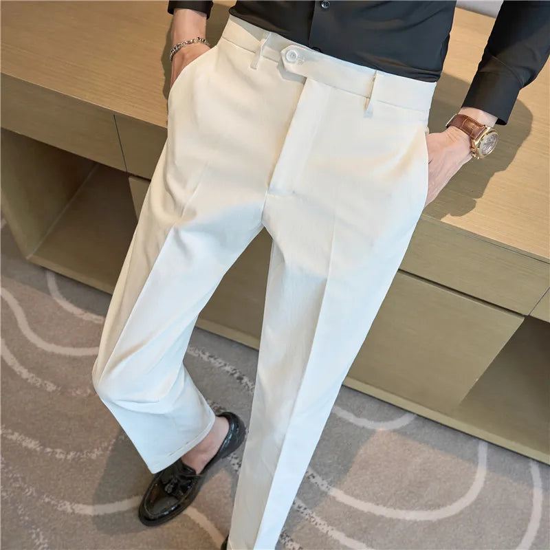 Men Suit Pants 2025 Elastic Slim Fit Formal Dress Pants Solid Casual White Trousers Pantalon Homme Wedding Party Men Clothing Good Vibrations
