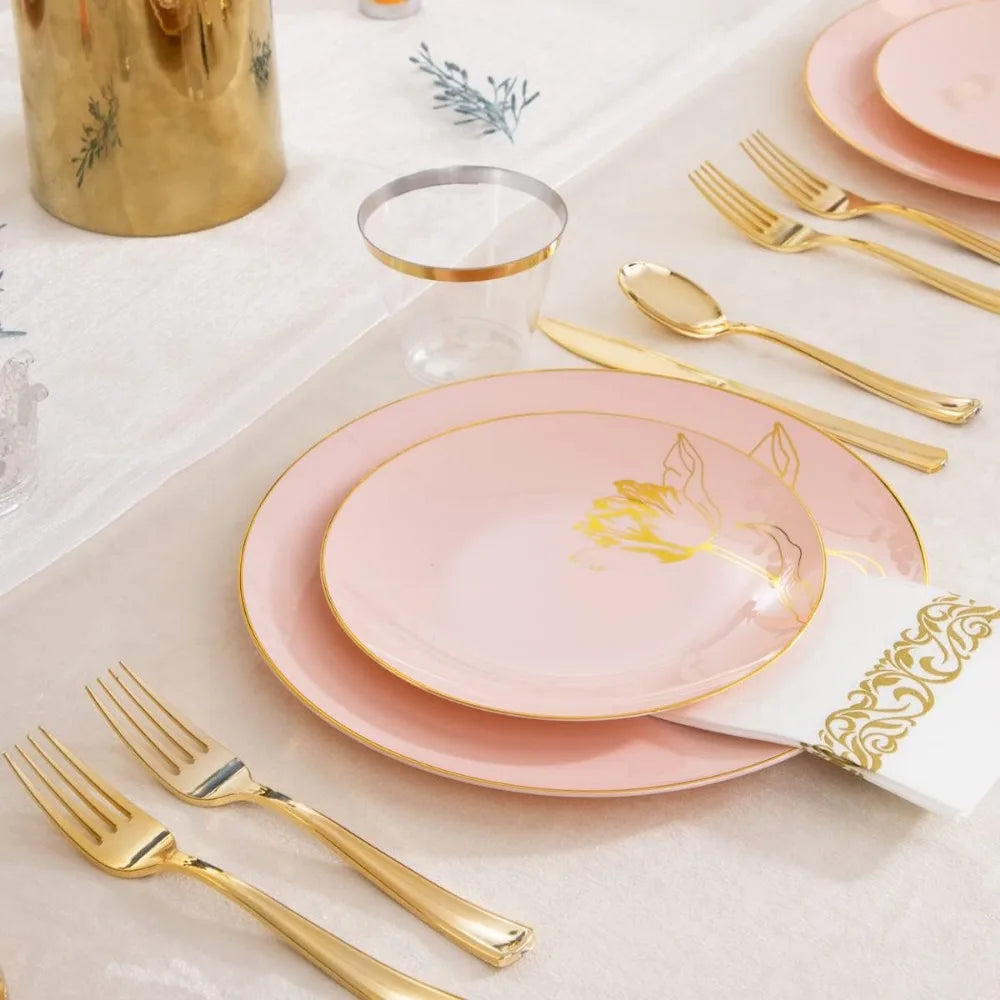 175PCS Pink Plastic Plates-Disposable Plates Include 50Plates, 25Forks, 25Knives, 25Spoons, 25Cups, 25Napkins Perfect Good Vibrations