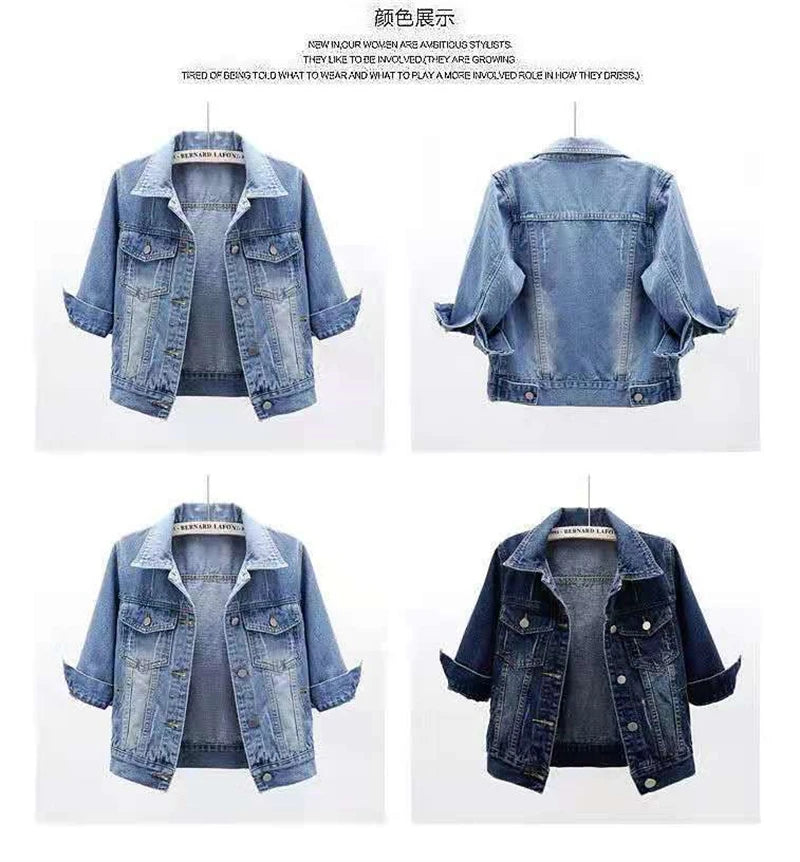 2024 New Women Spring Autumn Denim Jacket Tops Pink Color Solid Short Multicolor Feminino Three Quarter Sleeve Jean Jacket Good Vibrations
