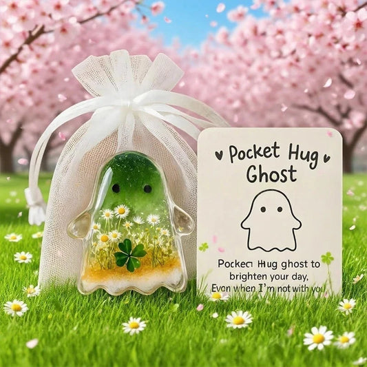 Pocket Hug Ghost Acrylic Charm Set with Card, Mini Emotional Support Gift for Anxiety Relief Halloween Pocket Sea Animal Hugs Good Vibrations