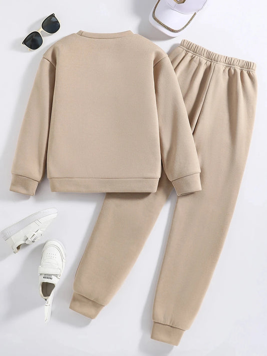 Children's Clothing (Spring and Autumn) Fashion Trend Girls' Set - Khaki Round Neck Long Sleeve+Sports and Leisure Pants 2-piece Good Vibrations