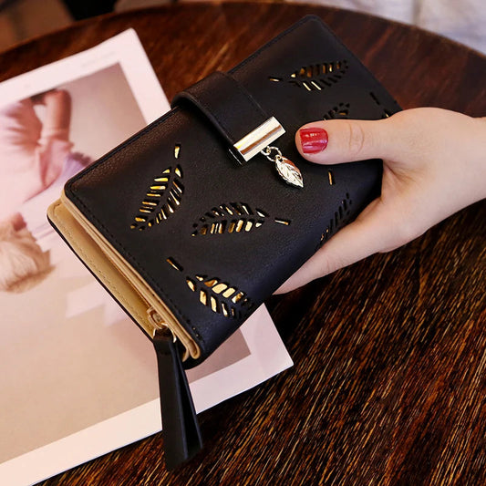 Women Wallet PU Leather Purse Female Long Wallet Gold Hollow Leaves Pouch Handbag For Women Coin Purse Card Holders Clutch Good Vibrations