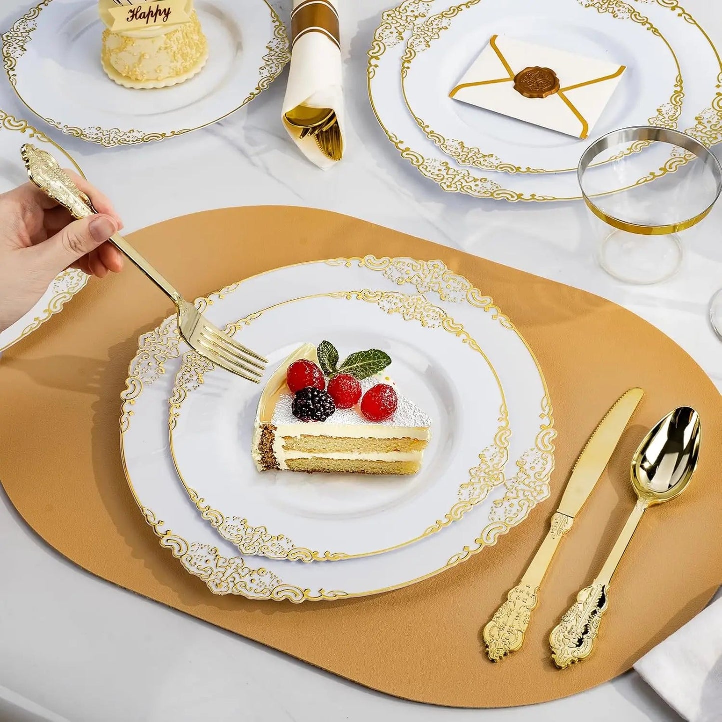 350PCS Gold Plastic Plates for 50 Guests, Disposable Dinnerware Sets Include 100 Gold Rim Plastic Plates, 50 Silverwares Good Vibrations
