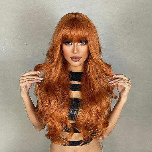 Ginger Orange Synthetic Wigs for Black Women Long Wavy Wigs with Bangs Cosplay Colored Hair Heat Resistant Body Wave Party Wig Good Vibrations