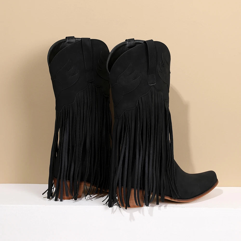 Women Mid-calf Cowboy Boots Retro Leather Tassel High Western Botas Winter Pointed Chunky Heels Booties Fashion Ladies Shoes Good Vibrations